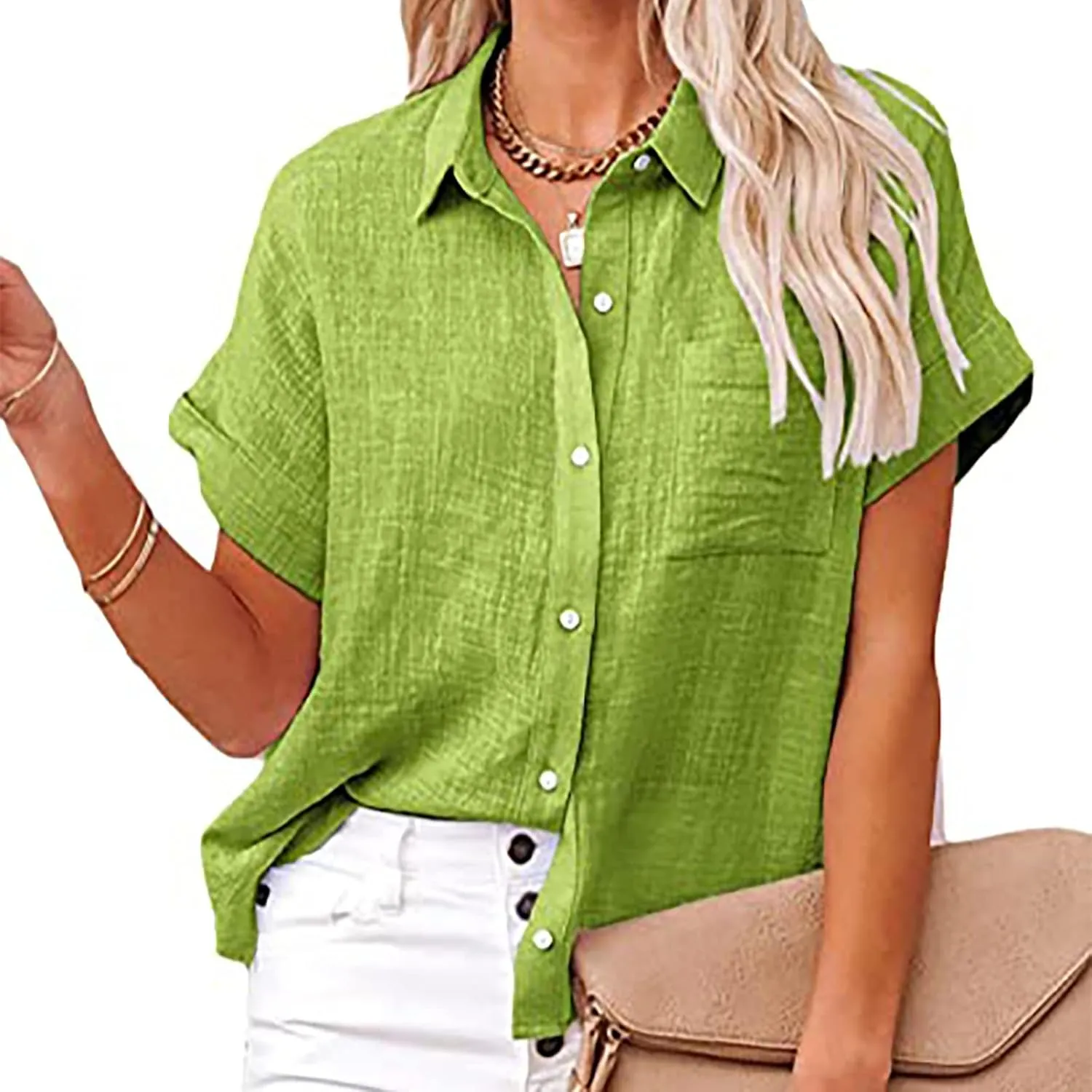 Cotton Linen Button Down Shirts for Women Collared Short Sleeve Work Blouse Trendy Loose Fit Summer Tops with Pocket