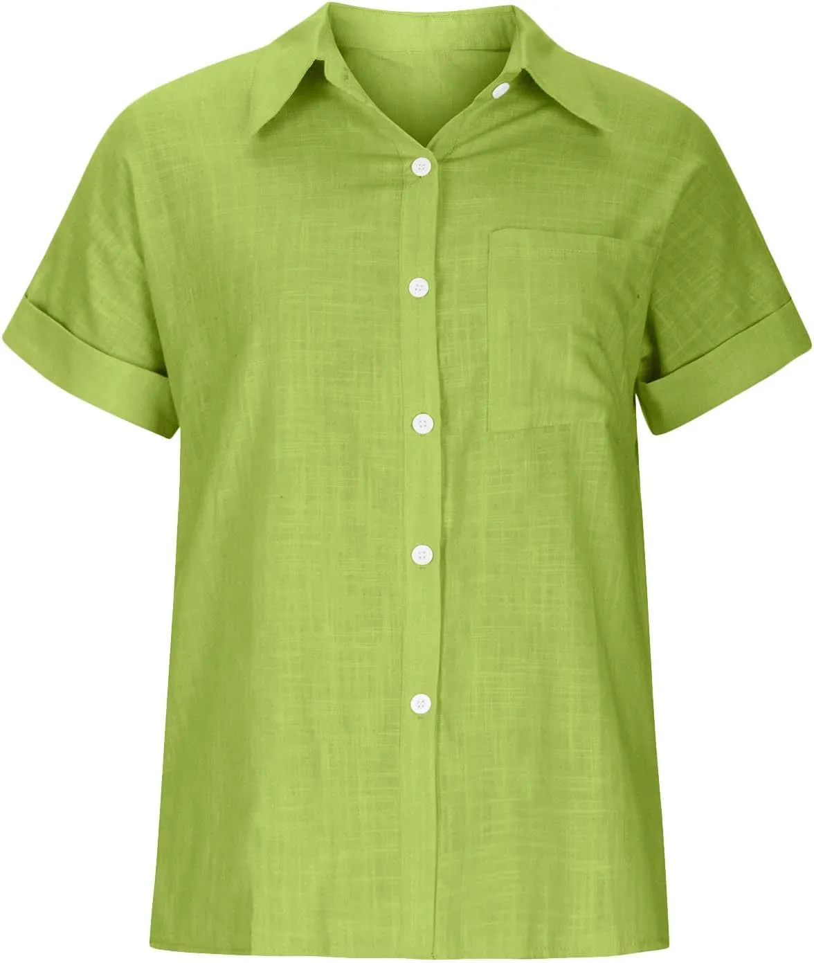 Cotton Linen Button Down Shirts for Women Collared Short Sleeve Work Blouse Trendy Loose Fit Summer Tops with Pocket