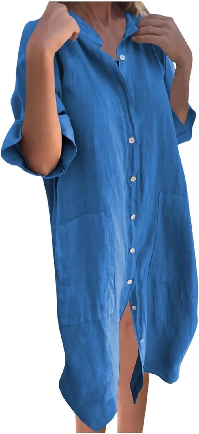 Cotton Linen Shirt Dress for Women Summer Button-Down Blouse Tops Flowy Loose A-Line Midi Dress Tunic Dress Plus Size