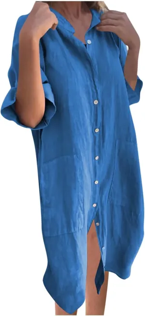 Cotton Linen Shirt Dress for Women Summer Button-Down Blouse Tops Flowy Loose A-Line Midi Dress Tunic Dress Plus Size