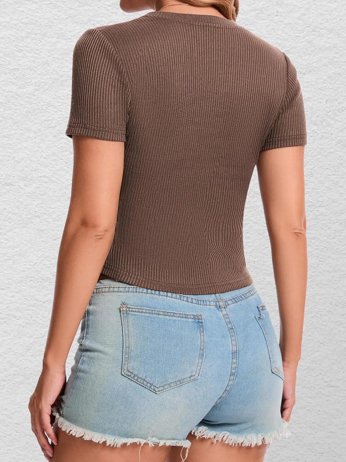 Crop Tops for Women V Neck Ribbed Knit Fitted Shirts Trendy Summer Basic Tees Textured Solid Color Blouse