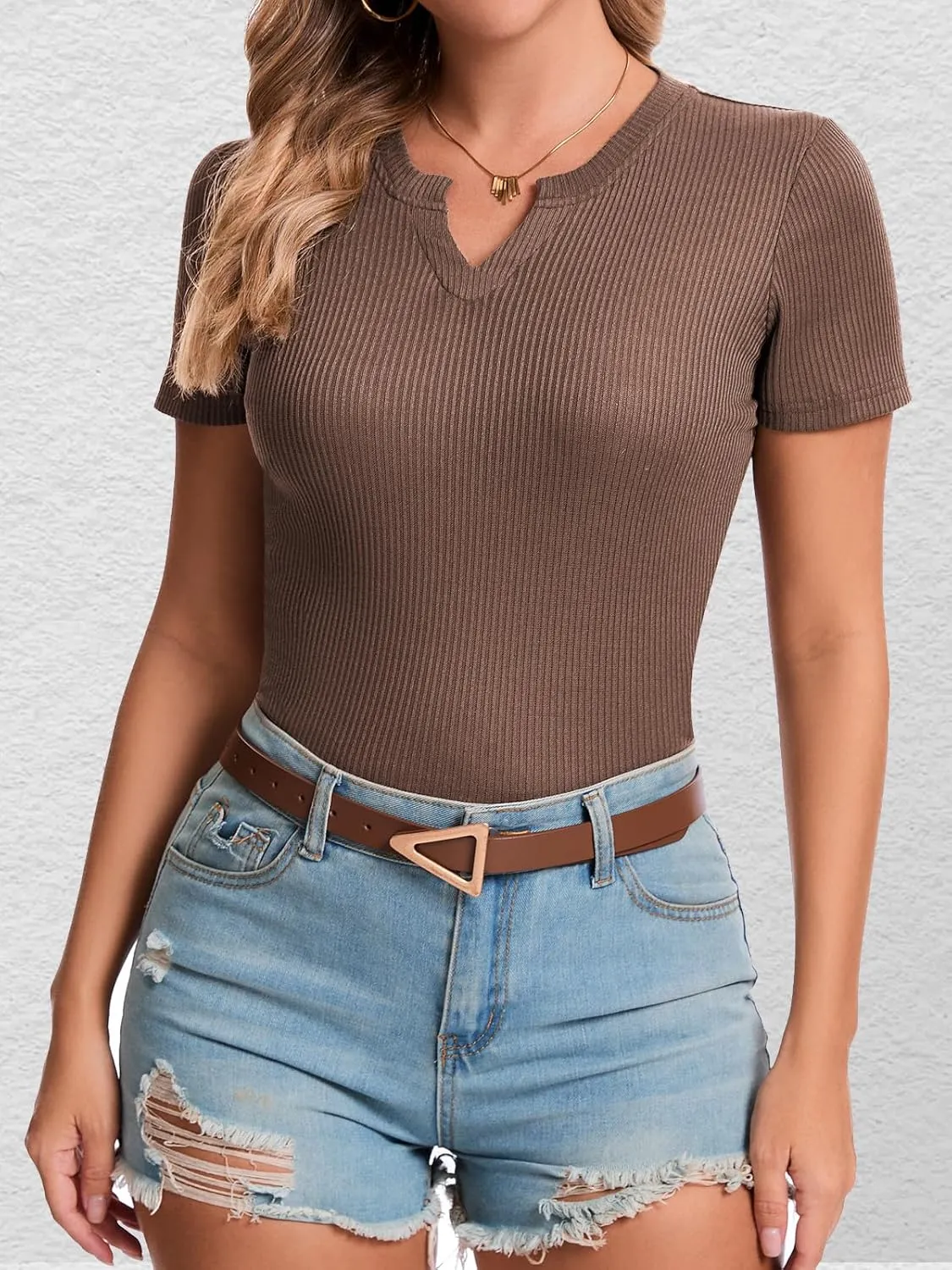 Crop Tops for Women V Neck Ribbed Knit Fitted Shirts Trendy Summer Basic Tees Textured Solid Color Blouse