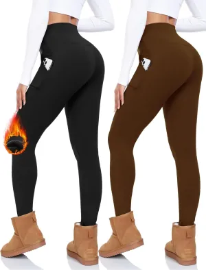 CTHH 2 Pack Fleece Lined Leggings Women with Pockets -Warm Winter Workout Yoga Pants Thermal High Waisted Leggings