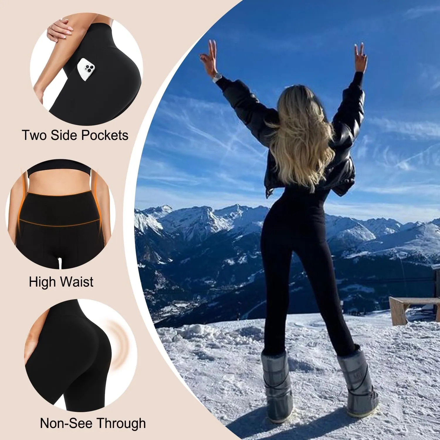 CTHH 2 Pack Fleece Lined Leggings Women with Pockets -Warm Winter Workout Yoga Pants Thermal High Waisted Leggings