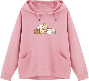 Cute Kawaii Cat Print Hoodies for Women Oversized Cotton Aesthetic Cartoon Animal Sweatshirt Teen Girls Pullover