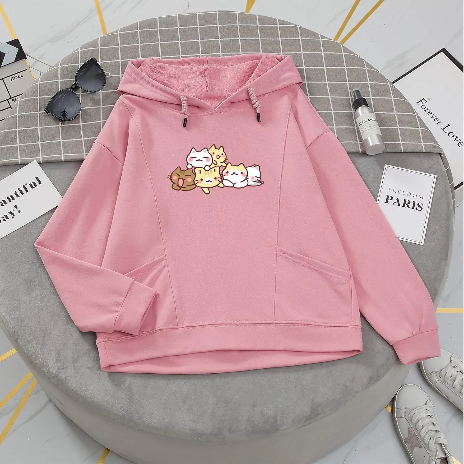 Cute Kawaii Cat Print Hoodies for Women Oversized Cotton Aesthetic Cartoon Animal Sweatshirt Teen Girls Pullover