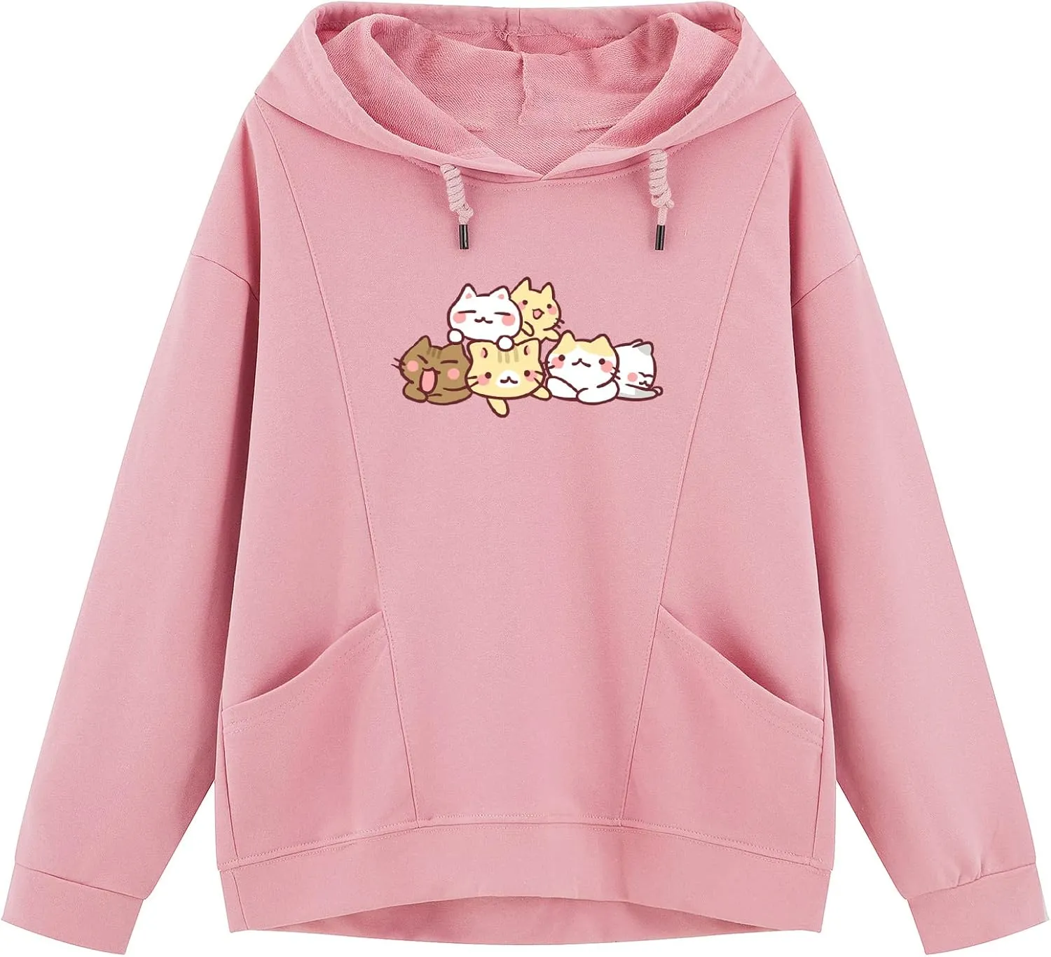 Cute Kawaii Cat Print Hoodies for Women Oversized Cotton Aesthetic Cartoon Animal Sweatshirt Teen Girls Pullover