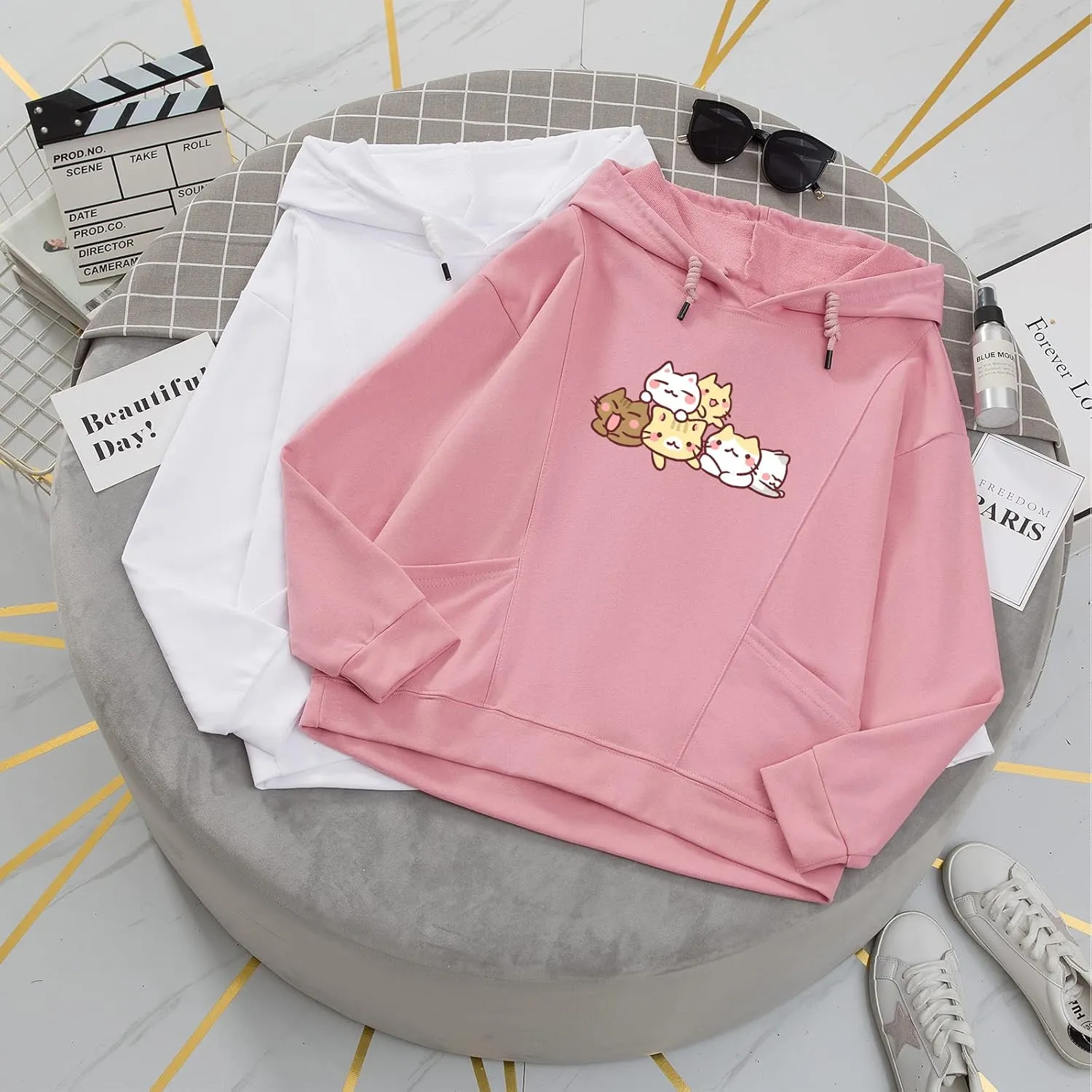 Cute Kawaii Cat Print Hoodies for Women Oversized Cotton Aesthetic Cartoon Animal Sweatshirt Teen Girls Pullover