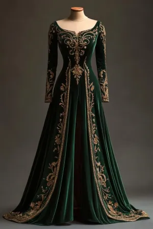 Dark Green Long Sleeves A-Line Velvet Appliques Long Formal Evening Dresses, D819