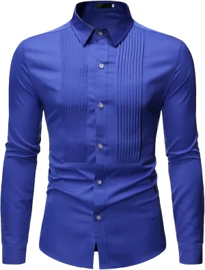 DGHM-JLMY Men Business Pleated Henry Collar Long Sleeve Shirt Slim Fit Pleated Tuxedo Wedding Shirt Solid Party Dress Shirt