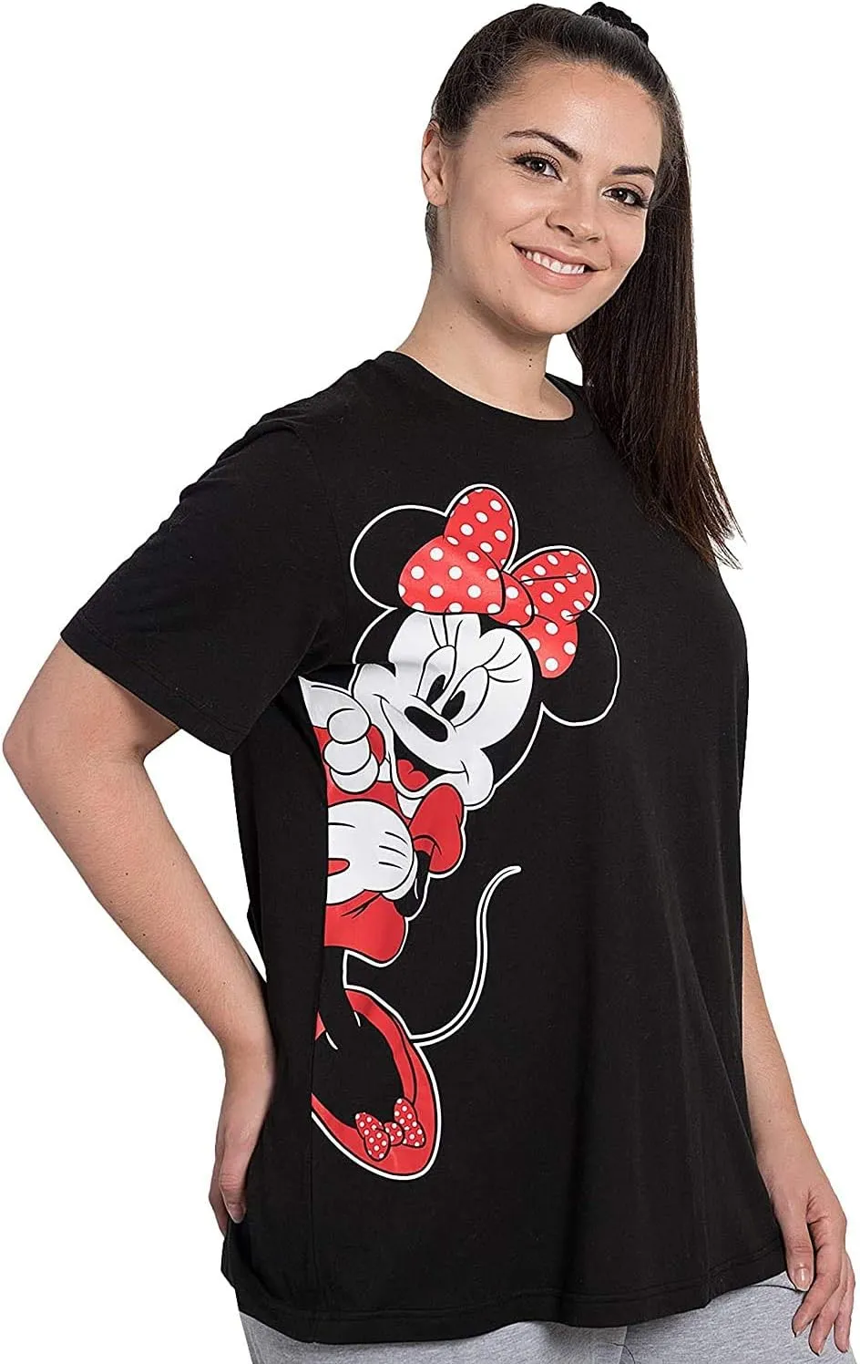 Disney Women's Plus Size T-Shirt, Minnie Mouse, Stretch Black Tee Shirt, Cute Summer Graphic Top, Disneyland Travel Shirt