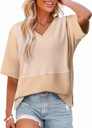Dokotoo Oversized Tshirts for Women V-Neck Summer Tops Short Sleeve Fluffy Touch Waffle Casual Loose Fit Blouse