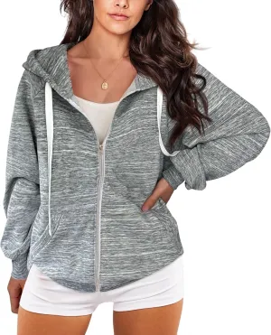 DOUBLJU Womens Full Zip Up Hoodies Long Sleeve Fall Outfits Oversized Sweatshirt