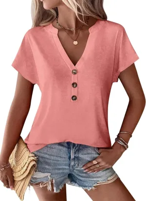 EADINVE Womens Tshirts V Neck Short Sleeve Buttons Tops Batwing Sleeve Tee Summer Color Block Blouse Loose Fit 2024 Shirs