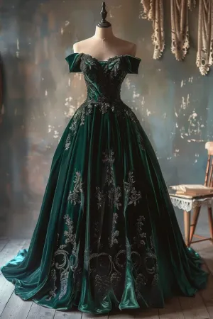 Elegant Green Off Shoulder A-Line Velvet Beaded Retro Evening Ball Gowns, D1204