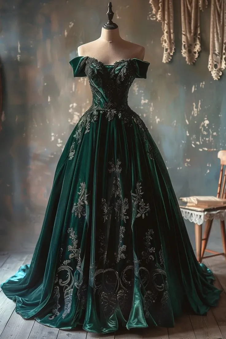 Elegant Green Off Shoulder A-Line Velvet Beaded Retro Evening Ball Gowns, D1204