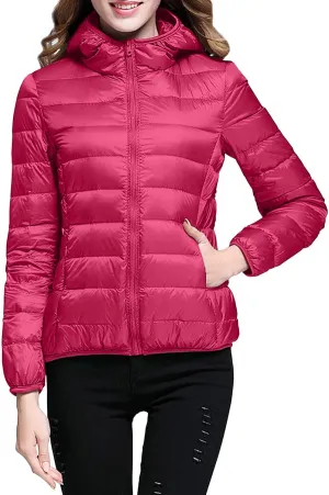 EMRELOD Women Down Jacket with Hood Lightweight Packable Zipper Winter Coat Slim Fit Casual Outdoor Solid Short Puffy Jacket