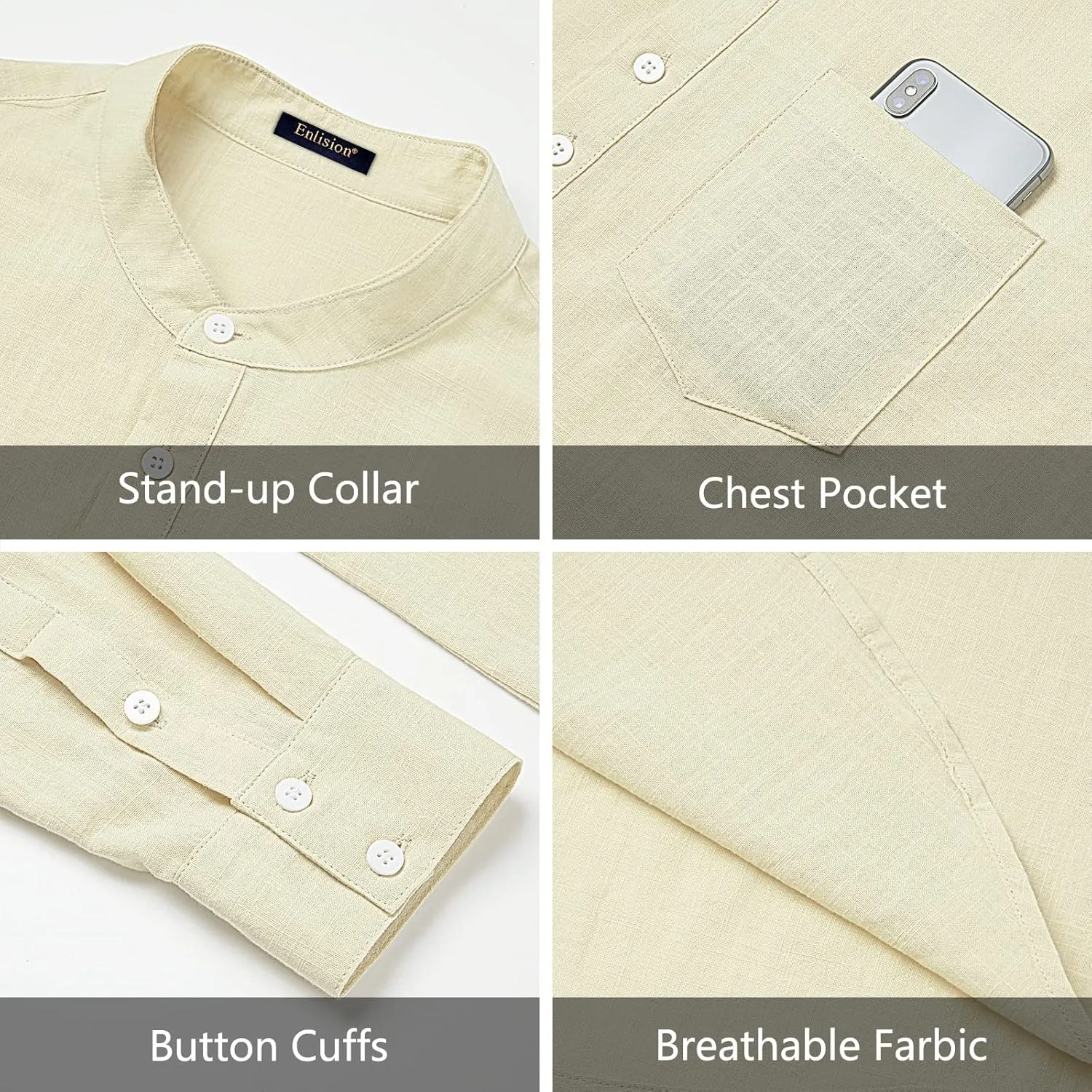 Enlision Mens Cotton Linen Henley Shirts Long Sleeve Casual Shirt Summer Beach Hippie T-Shirt Band Collar Shirt & Pocket