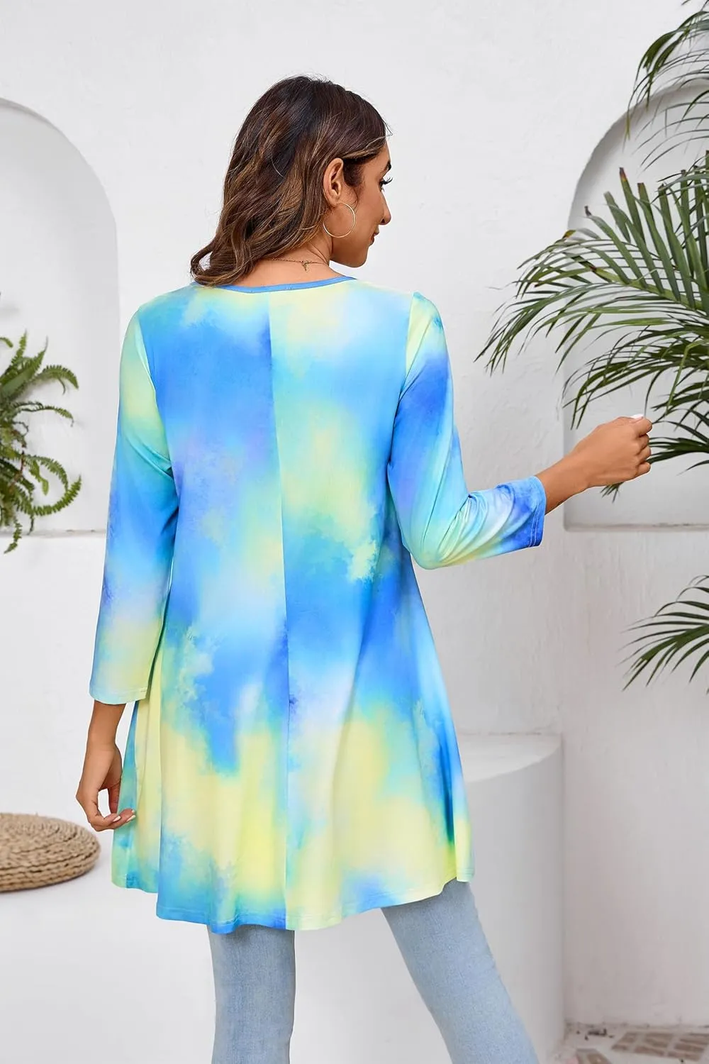 ENMAIN Tunic Tops for Women 3/4 Sleeve Plus Size Women's Tunics Loose Fit Floral Swing Flare Ladies Blouse for Leggings