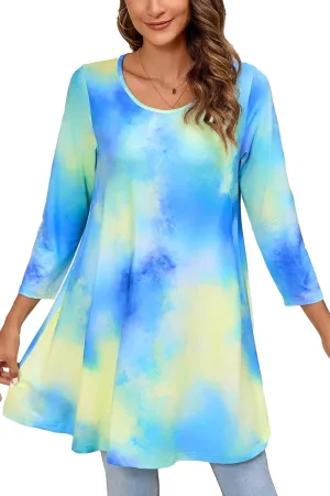 ENMAIN Tunic Tops for Women 3/4 Sleeve Plus Size Women's Tunics Loose Fit Floral Swing Flare Ladies Blouse for Leggings