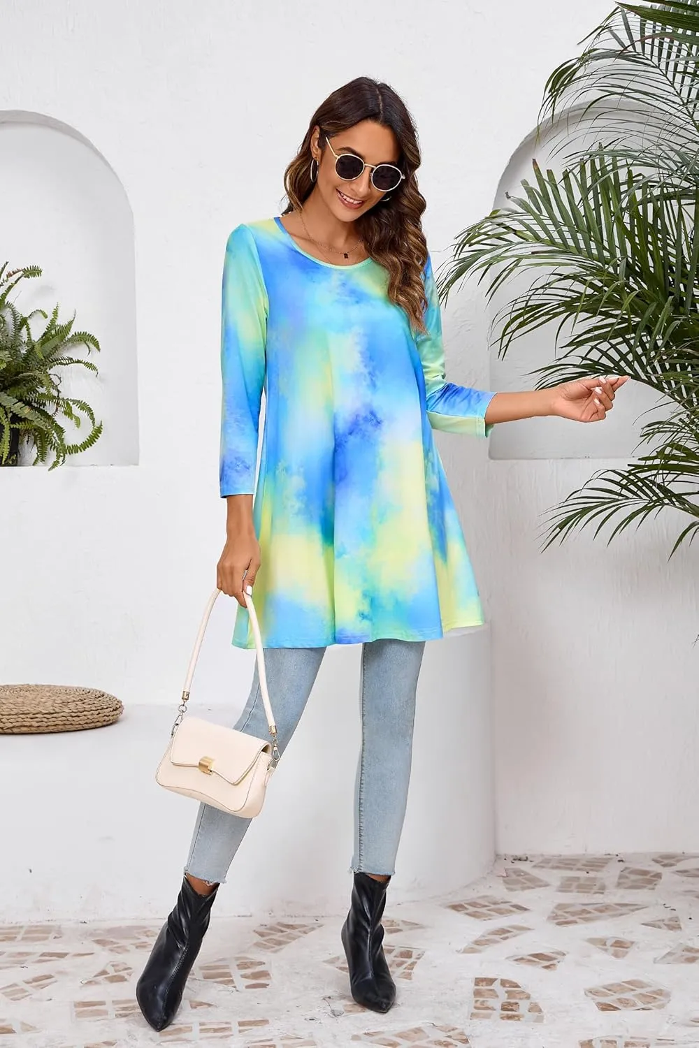 ENMAIN Tunic Tops for Women 3/4 Sleeve Plus Size Women's Tunics Loose Fit Floral Swing Flare Ladies Blouse for Leggings