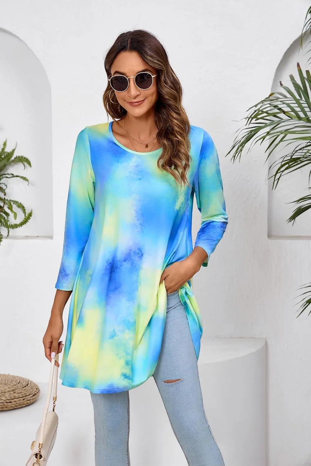 ENMAIN Tunic Tops for Women 3/4 Sleeve Plus Size Women's Tunics Loose Fit Floral Swing Flare Ladies Blouse for Leggings
