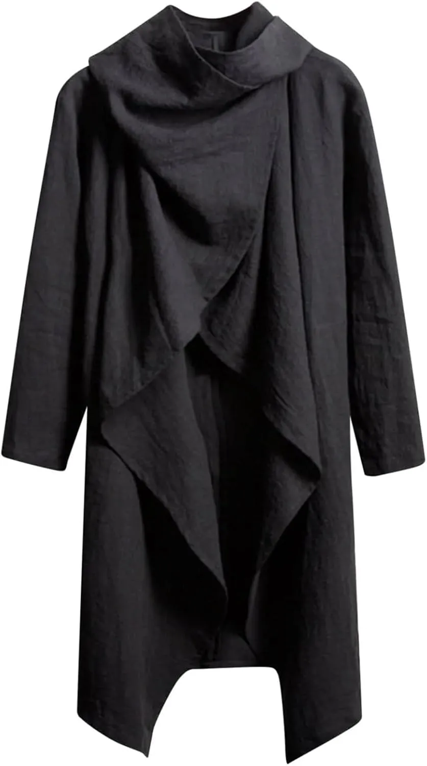 evzosrz Men's Poncho Cape Coats Irregular Hem Trench Coat Cotton Linen Lightweight Open Front Cardigans Winter Long Outwears