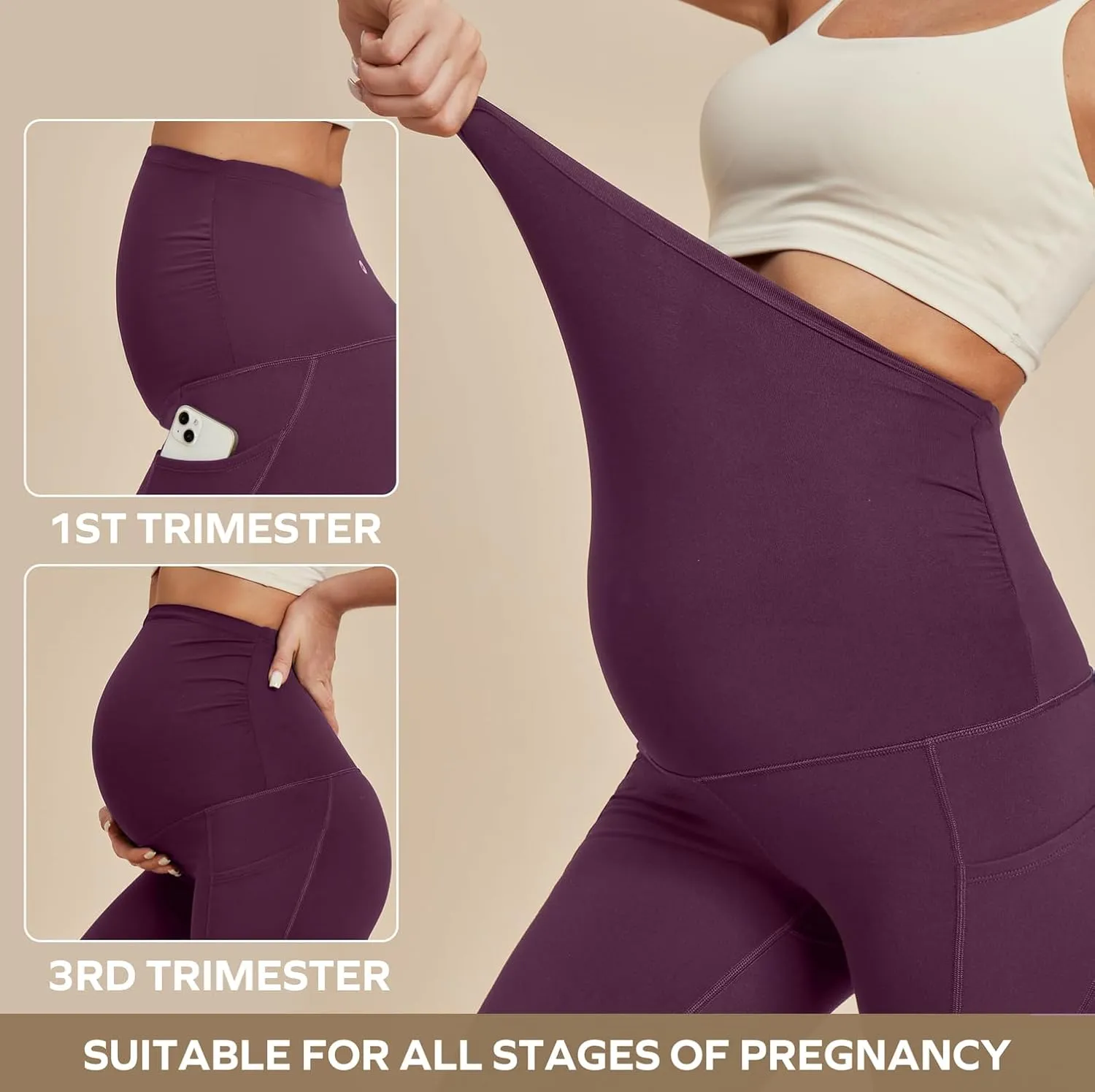 Ewedoos Fleece Lined Maternity Leggings with Pockets Shirred Sides Warm Pregnancy Leggings Over The Belly Thermal Yoga Pants