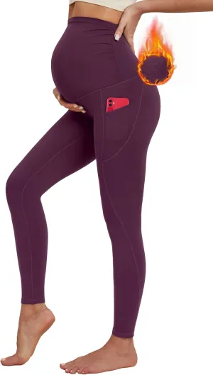 Ewedoos Fleece Lined Maternity Leggings with Pockets Shirred Sides Warm Pregnancy Leggings Over The Belly Thermal Yoga Pants