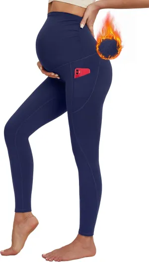 Ewedoos Fleece Lined Maternity Leggings with Pockets Shirred Sides Warm Pregnancy Leggings Over The Belly Thermal Yoga Pants