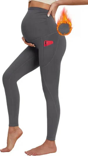Ewedoos Fleece Lined Maternity Leggings with Pockets Shirred Sides Warm Pregnancy Leggings Over The Belly Thermal Yoga Pants