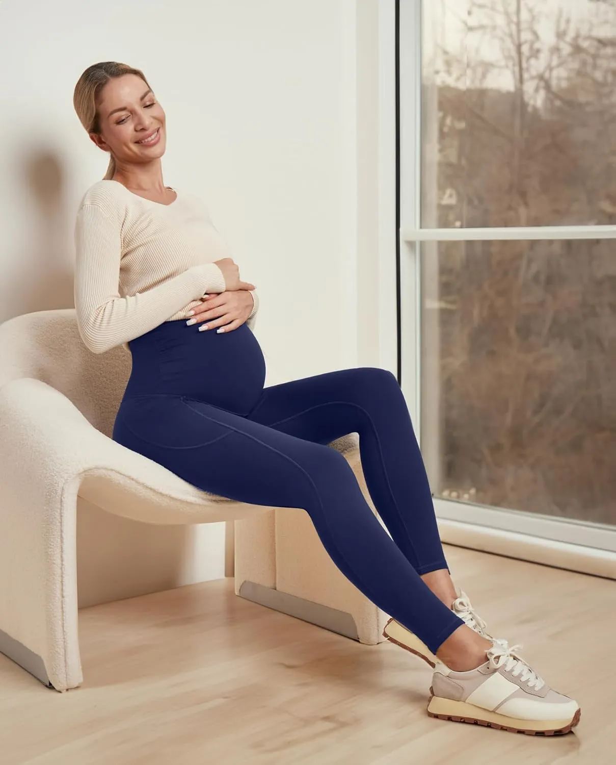 Ewedoos Fleece Lined Maternity Leggings with Pockets Shirred Sides Warm Pregnancy Leggings Over The Belly Thermal Yoga Pants