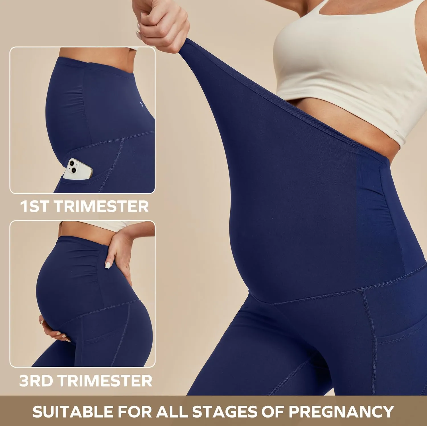 Ewedoos Fleece Lined Maternity Leggings with Pockets Shirred Sides Warm Pregnancy Leggings Over The Belly Thermal Yoga Pants