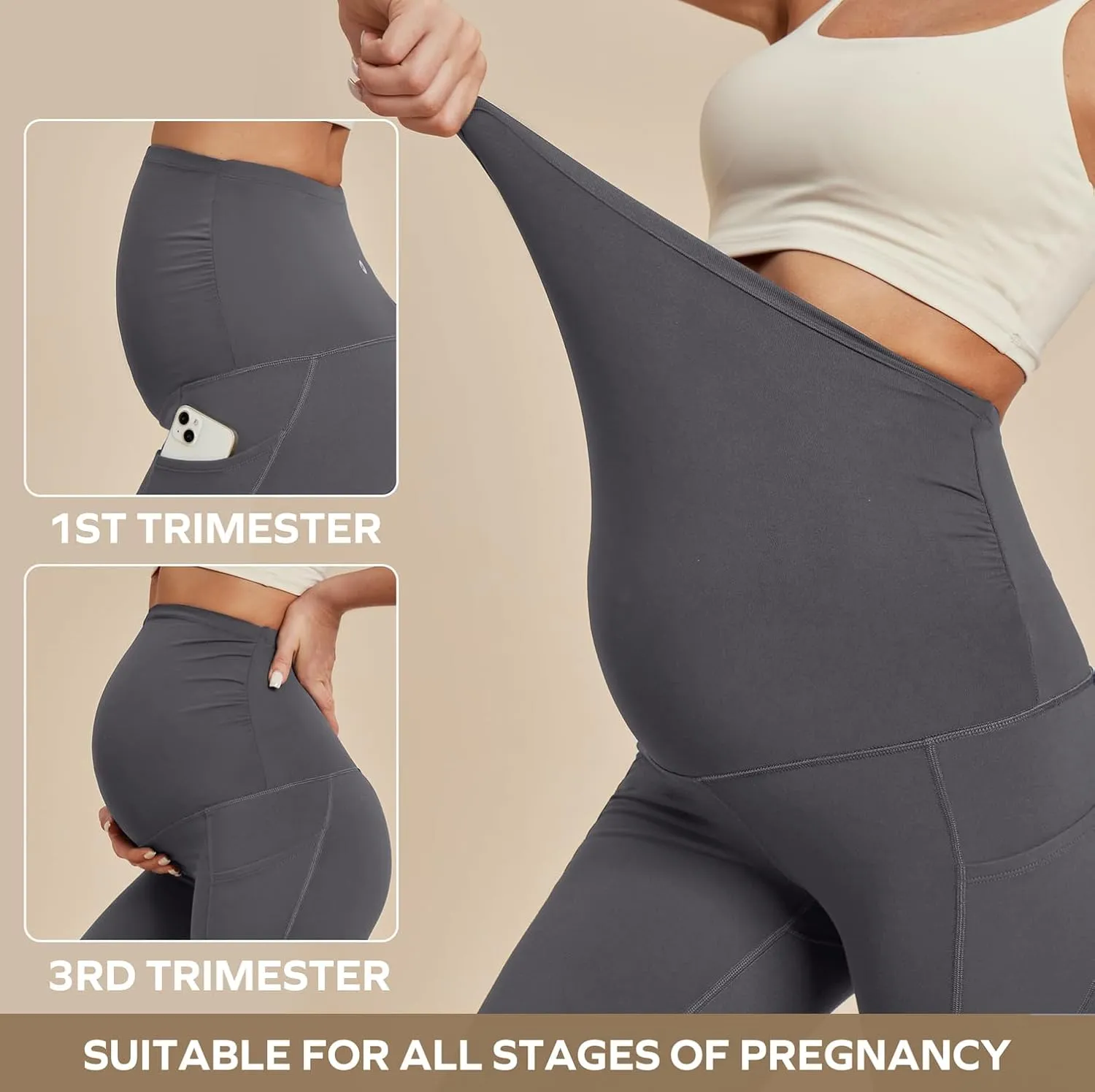 Ewedoos Fleece Lined Maternity Leggings with Pockets Shirred Sides Warm Pregnancy Leggings Over The Belly Thermal Yoga Pants