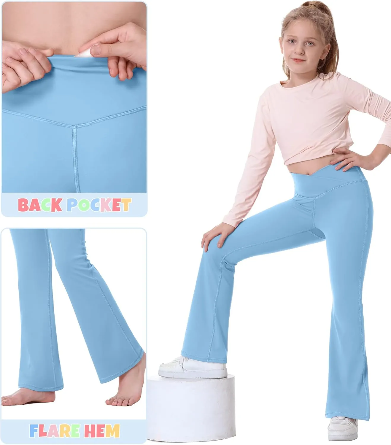 Ewedoos Girls Flare Leggings Crossover with Pocket Preppy Clothes Leggings for Girls Yoga Pants Dance Casual Uniform
