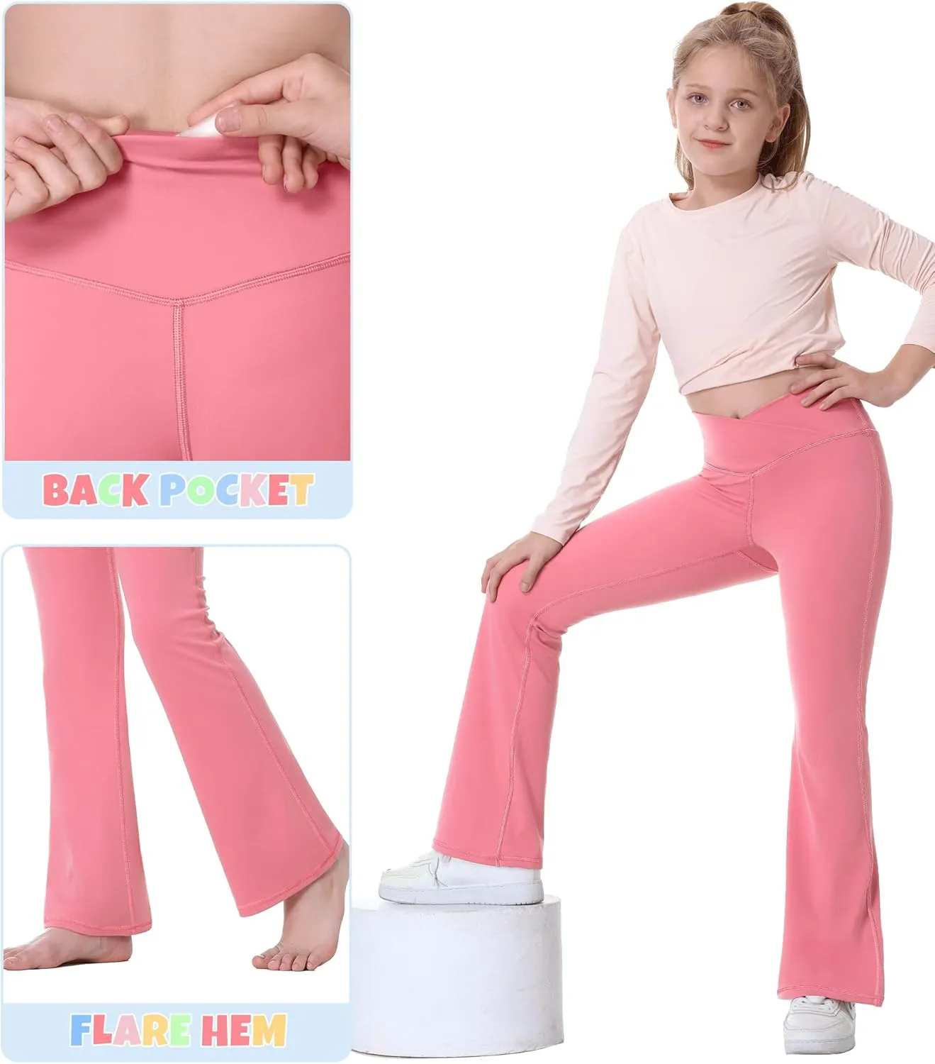 Ewedoos Girls Flare Leggings Crossover with Pocket Preppy Clothes Leggings for Girls Yoga Pants Dance Casual Uniform