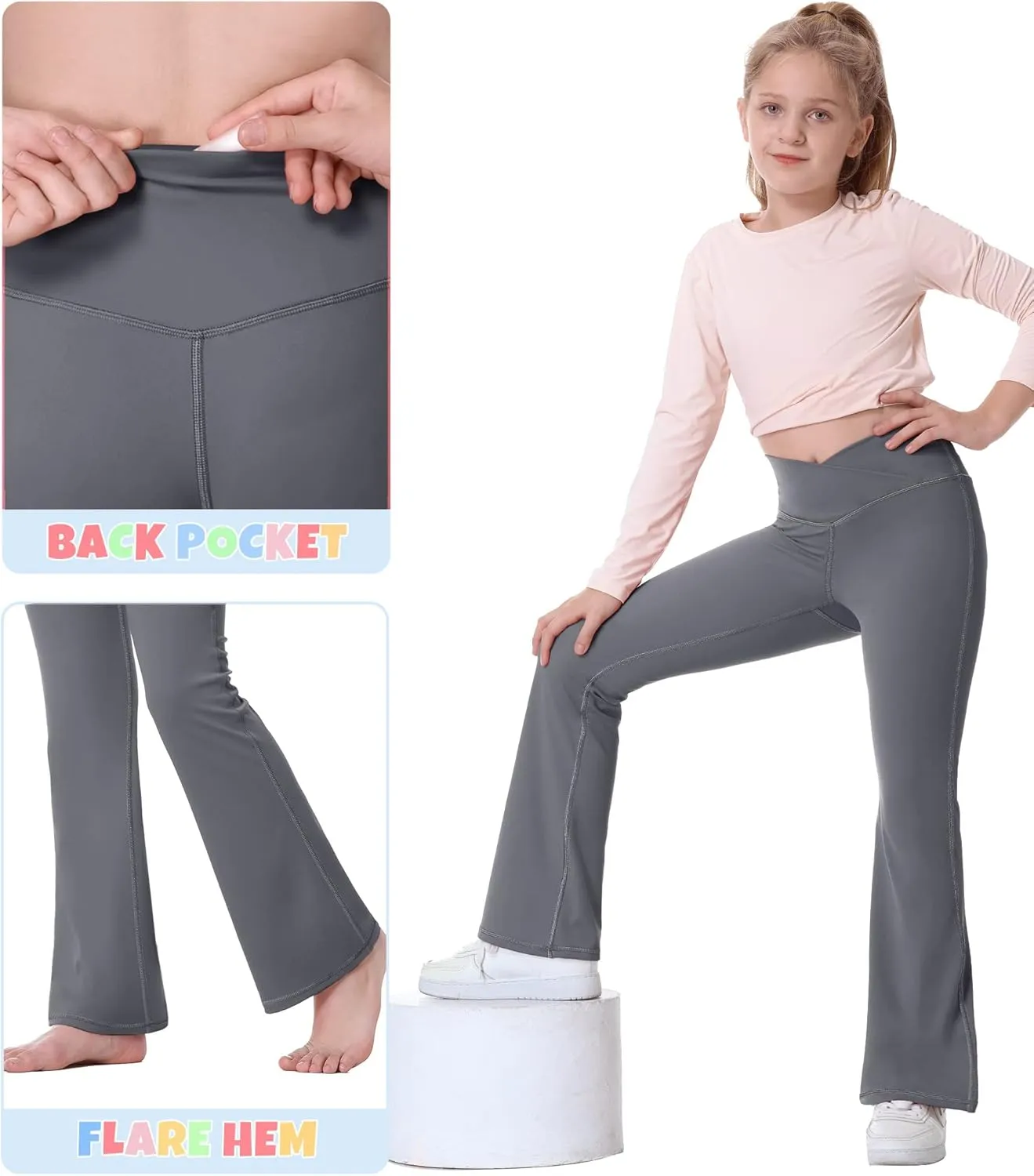 Ewedoos Girls Flare Leggings Crossover with Pocket Preppy Clothes Leggings for Girls Yoga Pants Dance Casual Uniform