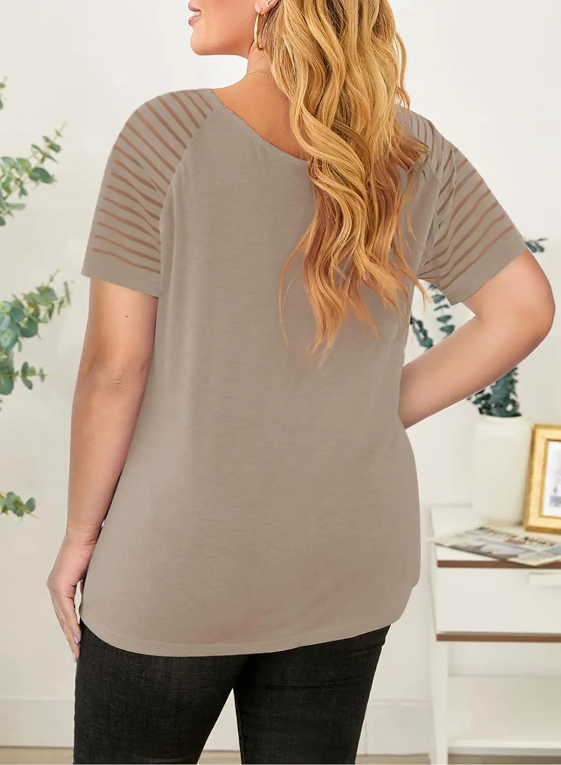Eytino Women Plus Size Tops Casual Solid Short Sleeve V Neck Striped Mesh Patchwork Loose Blouse Shirts(1X-5X)