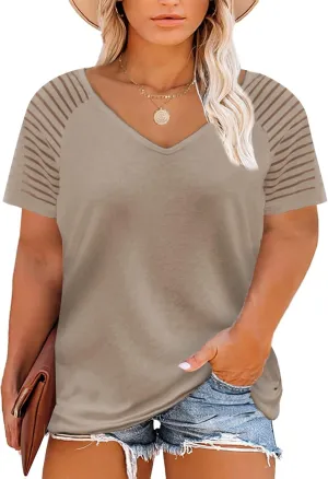 Eytino Women Plus Size Tops Casual Solid Short Sleeve V Neck Striped Mesh Patchwork Loose Blouse Shirts(1X-5X)