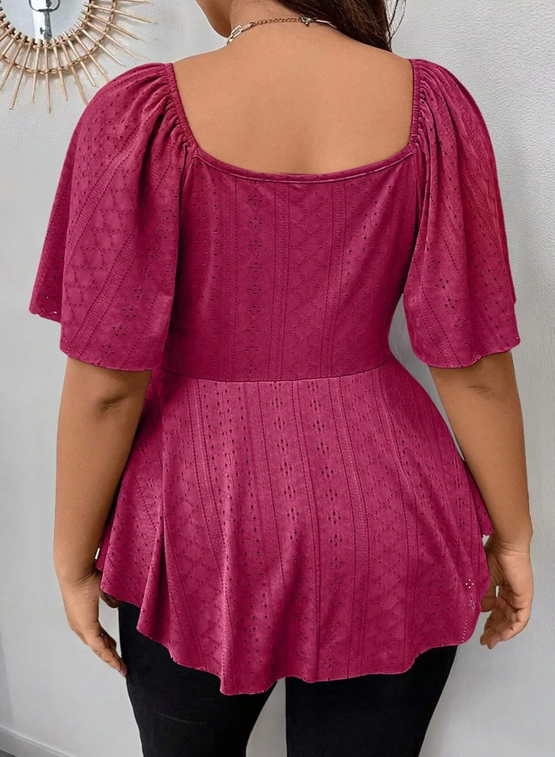 Eytino Womens Plus Size Tops Twist Front V Neck Short Sleeve Eyelet Embroidery Summer Loose Blouse Shirts(1X-5X)