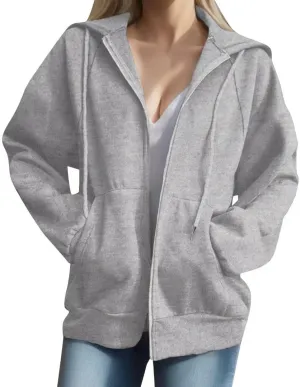 Ezbelle Womens Long Sleeve Shirt Full Zip Hoodie Lightweight Jacket Sweatshirt Fall Winter Coat Zipper Hooded Oversized Cotton Cardigan Top Grey XL