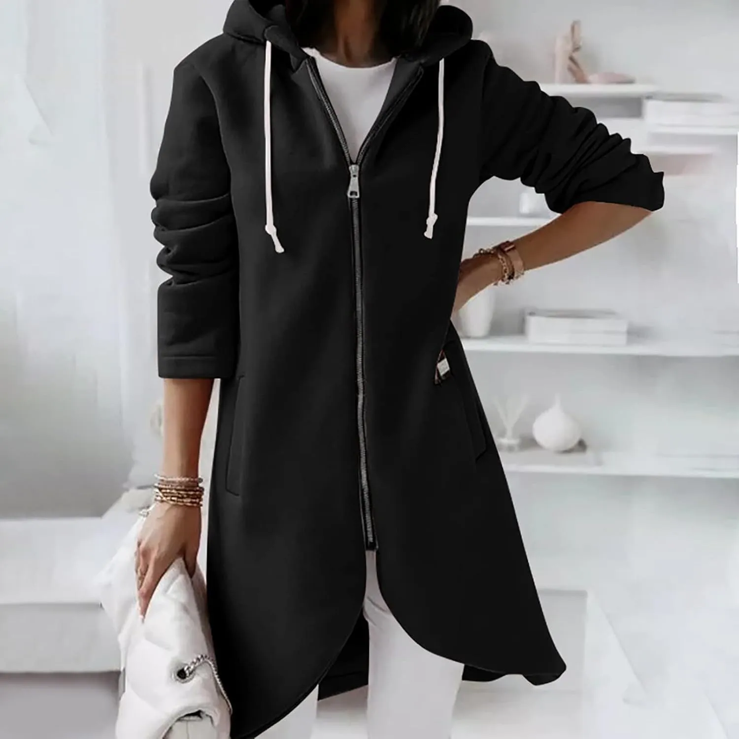 fartey Zip Up Hoodie Women Casual Oversized Long Hoodies Long Sleeve Drawstring Asymmetrical Tunic Sweatshirts With Pockets