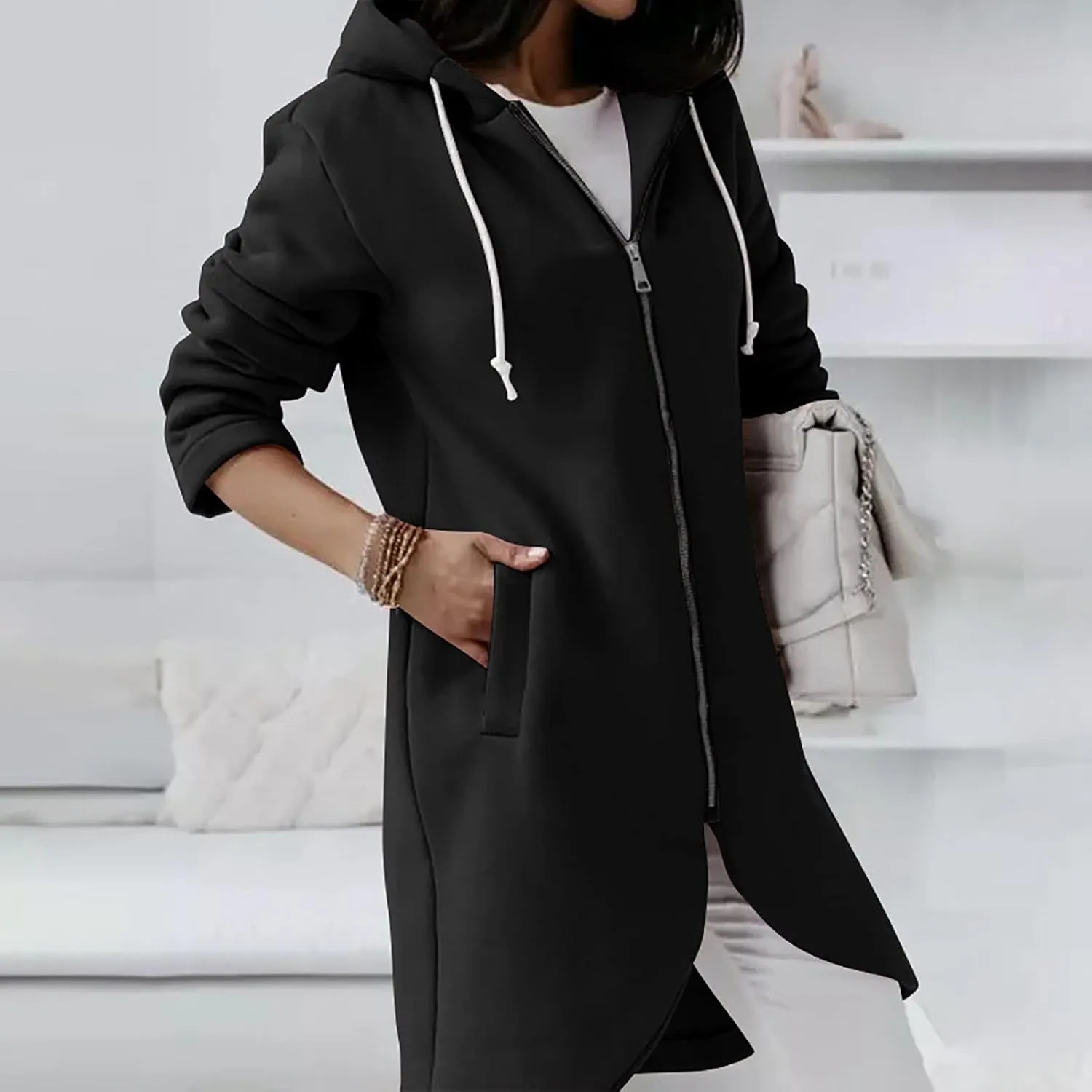 fartey Zip Up Hoodie Women Casual Oversized Long Hoodies Long Sleeve Drawstring Asymmetrical Tunic Sweatshirts With Pockets