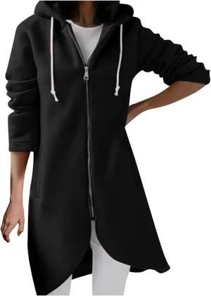 fartey Zip Up Hoodie Women Casual Oversized Long Hoodies Long Sleeve Drawstring Asymmetrical Tunic Sweatshirts With Pockets