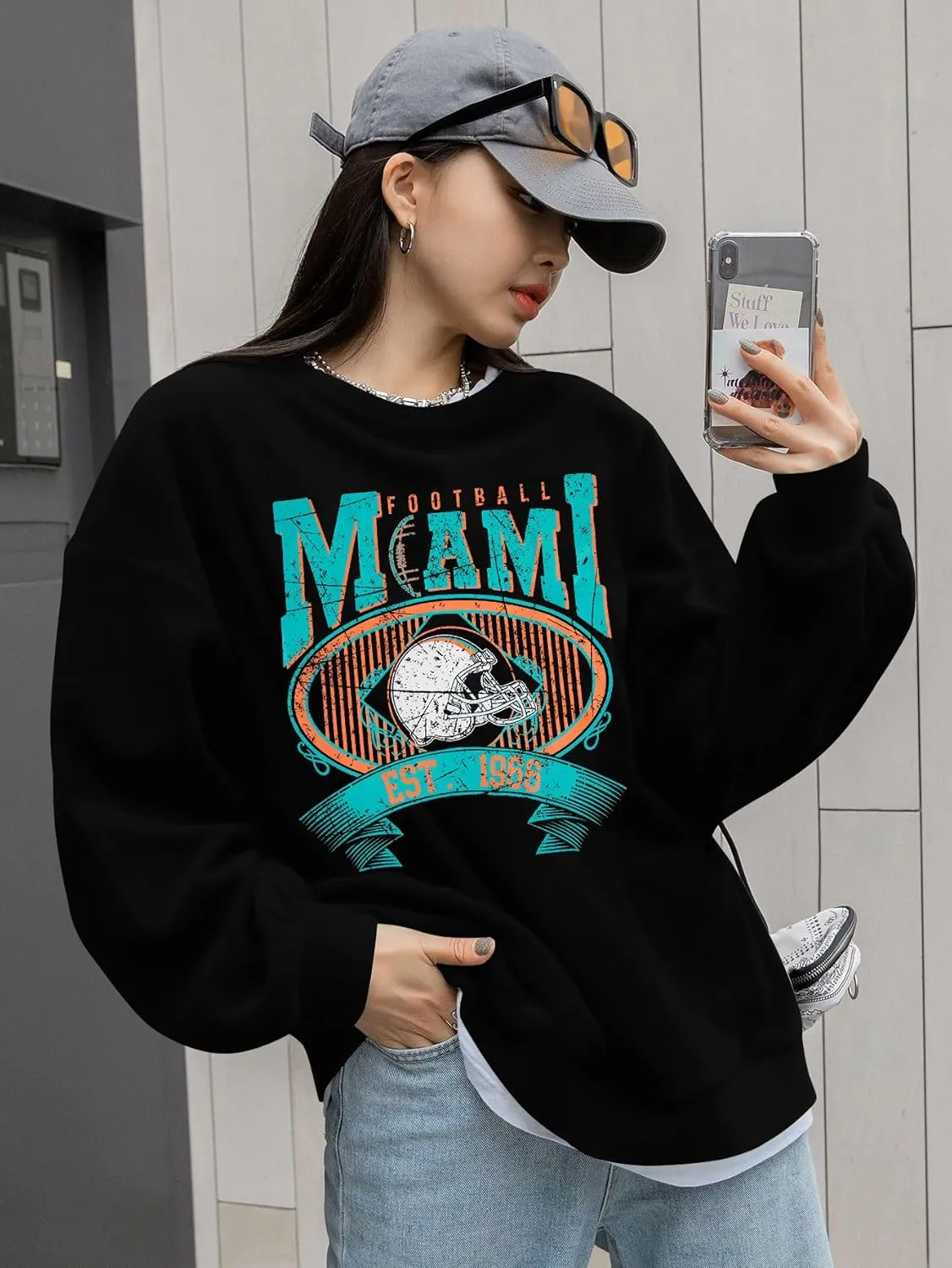 FASHGL Miami Football Sweatshirt Women Game Day Oversize Shirt Sunday Funday Football Season Long Sleeve Shirt