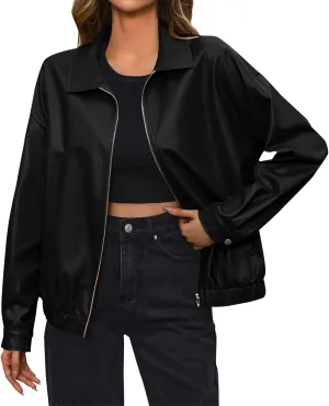Faux Leather Jacket Women Oversized Leather Bomber Jackets Faux Suede Fall Fashion Motorcycle Coats Black Biker Outfit