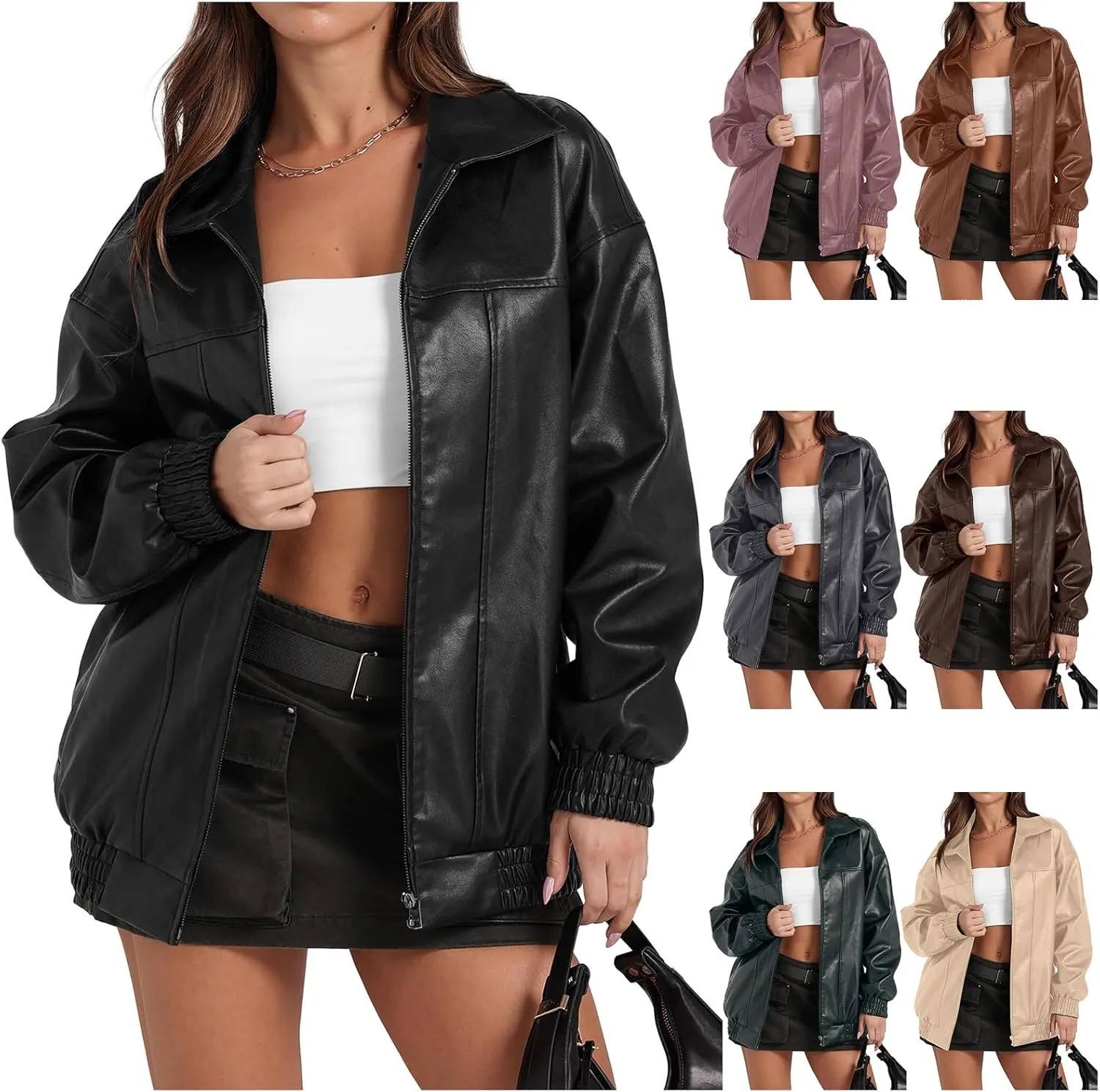 Faux Leather Jacket Women Oversized Leather Bomber Jackets Faux Suede Fall Fashion Motorcycle Coats Black Biker Outfit