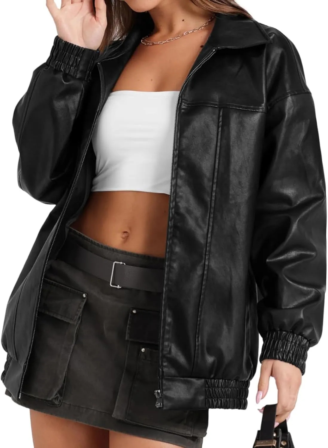 Faux Leather Jacket Women Oversized Leather Bomber Jackets Faux Suede Fall Fashion Motorcycle Coats Black Biker Outfit