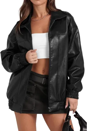 Faux Leather Jacket Women Oversized Leather Bomber Jackets Faux Suede Fall Fashion Motorcycle Coats Black Biker Outfit