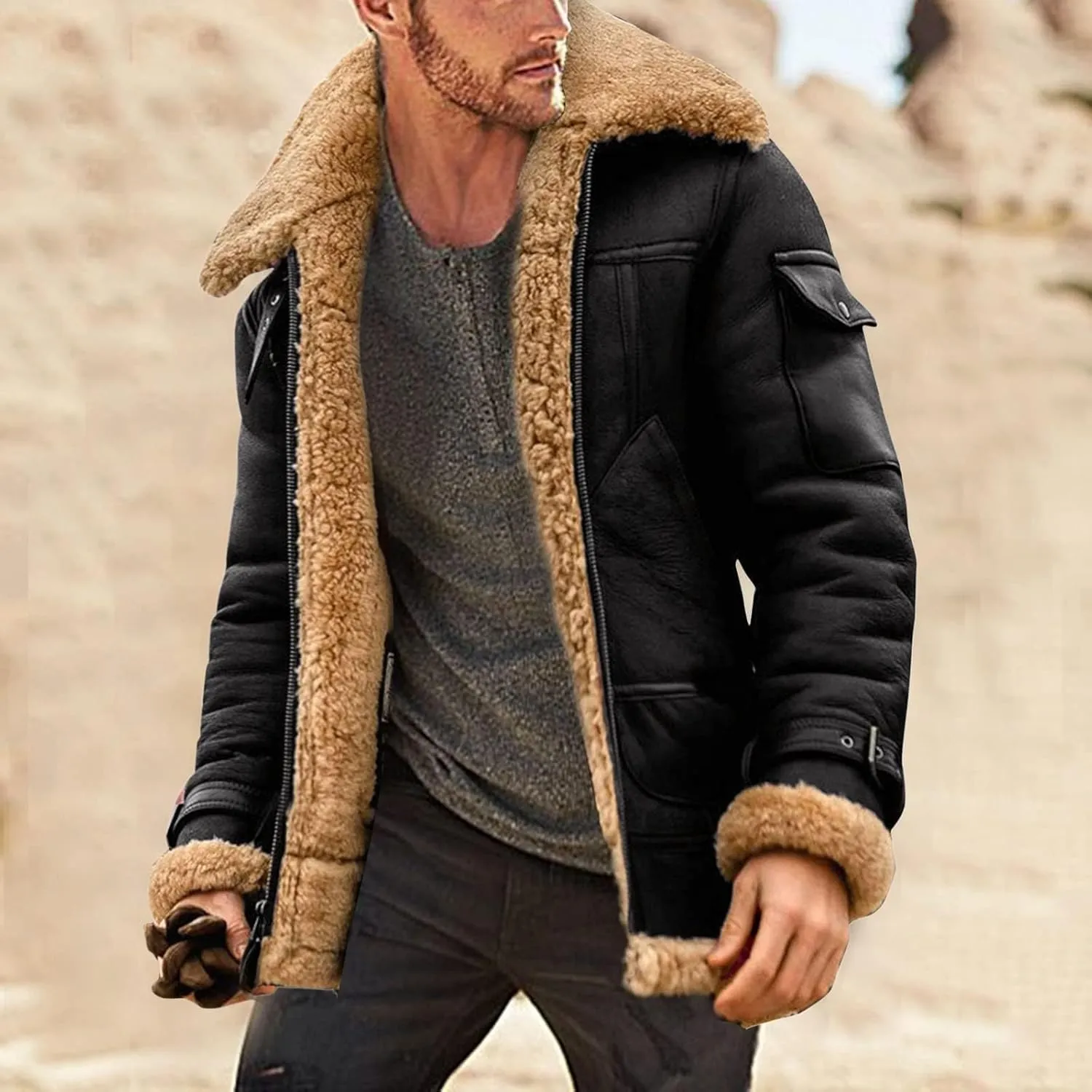 Faux Leather Jackets for Men Cozy Sherpa Fleece Lined Winter Coats Sheepskin Casual Lapel Faux Suede Fur Trench Coat
